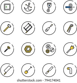 line vector icon set - safe vector, anchor, piston, steel rolling, sledgehammer, bucksaw, chisel, plumber, screw, nut, rivet, wood drill, metal hacksaw, shovel, rasp, allen key