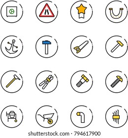 line vector icon set - safe vector, Road narrows sign, star medal, luck, anchor, hammer, saw, mason, bolt cutter, screw, cocncrete mixer, wheelbarrow, allen key, set