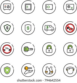 line vector icon set - safe vector, encashment car, no horn road sign, limited distance, key, locked, unlocked, shield cross, hand, life vest, protect glass