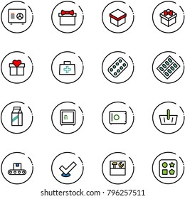 line vector icon set - safe vector, gift, doctor bag, pills blister, milk, basket, conveyor, check, tool box, cube hole toy