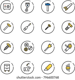 line vector icon set - safe vector, piston, hammer, saw, chisel, screw, bolt, rivet, wood drill, Angular grinder, tool cabinet, welding, work knife, allen key set