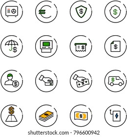 line vector icon set - safe vector, euro, insurance, atm, receipt, account statement, card pay, cash, encashment car, dollar, money, power bank