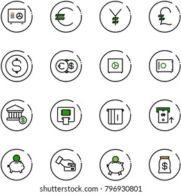line vector icon set - safe vector, euro, yen, pound, dollar coin, account, atm, piggy bank, card pay, money bag