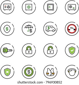 line vector icon set - safe vector, insurance, encashment car, limited distance road sign, key, locked, unlocked, shield check, cross, dollar, life vest, protect glass