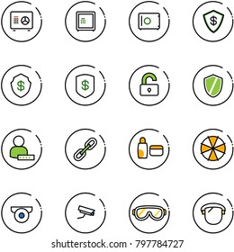 line vector icon set - safe vector, unlocked, shield, user password, link, uv cream, parasol, surveillance camera, protective glasses, protect glass