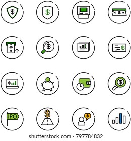 line vector icon set - safe vector, atm, cash, money search, statistics report, check, account, piggy bank, wallet time, ipo, dollar, dialog, chart