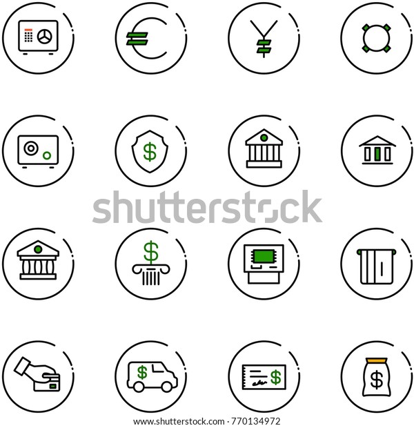 line vector icon\
set - safe vector, euro, yen, currency, bank, atm, card pay,\
encashment car, check, money\
bag