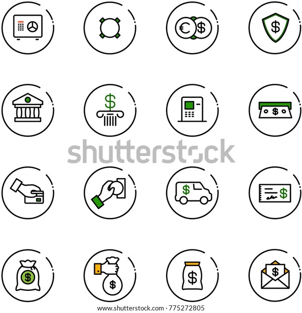 line vector icon set - safe vector, currency, euro\
dollar, bank, atm, cash, card pay, encashment car, check, money\
bag, rich, mail