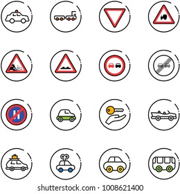 line vector icon set - safety car vector, baggage truck, giving way road sign, tractor, gravel, rough, no overtake, end limit, parking even, key hand, cabrio, toy, bus