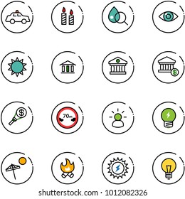 line vector icon set - safety car vector, candle, blood test, eye, sun, bank, account, money torch, limited distance road sign, idea, beach, fire, power, bulb