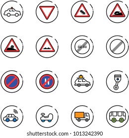 line vector icon set - safety car vector, giving way road sign, multi lane traffic, climb, steep roadside, rough, end overtake limit, no, parking, even, baggage, piston, wireless, baby, truck toy