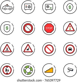 line vector icon set - safety car vector, safe, prohibition road sign, stop, traffic light, pedestrian, wild animals, no, limited height, lifebuoy, stairs, surveillance camera