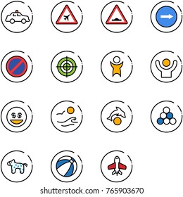 line vector icon set - safety car vector, airport road sign, artificial unevenness, only right, no parking, target, success, money smile, waves, dolphin, billiards balls, toy horse, beach ball