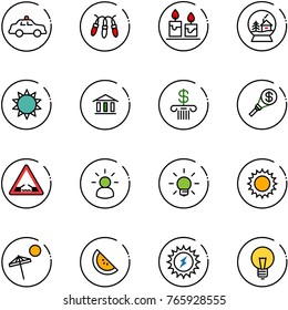 line vector icon set - safety car vector, garland, candle, snowball house, sun, bank, money torch, drawbridge road sign, idea, bulb, beach, watermelone, power
