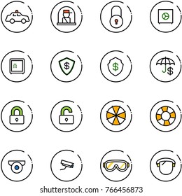 line vector icon set - safety car vector, officer window, lock, safe, insurance, locked, unlocked, parasol, lifebuoy, surveillance camera, protective glasses, protect glass