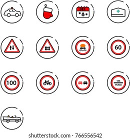 line vector icon set - safety car vector, christmas glove, calendar, doctor hat, oncoming traffic road sign, railway intersection, no dangerous cargo, speed limit 60, 100, bike, overtake, tax peage