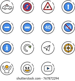 line vector icon set - safety car vector, no parkin odd, abrupt turn right road sign, only forward, bus, minimal speed limit, end, pedestrian way, redo, paper fly, target, success, money smile