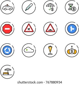 line vector icon set - safety car vector, thermometer, insurance, account history, no way road sign, airport, artificial unevenness, only forward right, circle, cloud, pennant, dollar growth