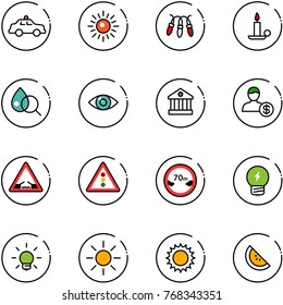 line vector icon set - safety car vector, sun, garland, candle, blood test, eye, bank, account, drawbridge road sign, traffic light, limited distance, idea, bulb, watermelone