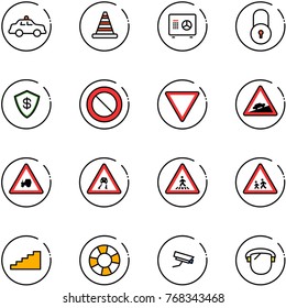 line vector icon set - safety car vector, road cone, safe, lock, prohibition sign, giving way, climb, tractor, slippery, pedestrian, children, stairs, lifebuoy, surveillance camera, protect glass
