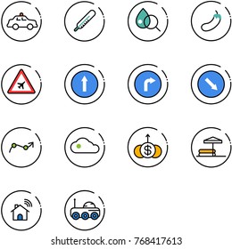 line vector icon set - safety car vector, thermometer, blood test, eggplant, airport road sign, only forward, right, detour, chart point arrow, cloud, dollar growth, inflatable pool, wireless home