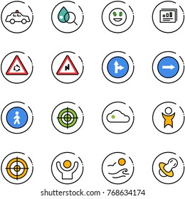line vector icon set - safety car vector, blood test, dollar smile, statistics report, round motion road sign, abrupt turn right, only forward, pedestrian way, target, cloud, success, waves, soother