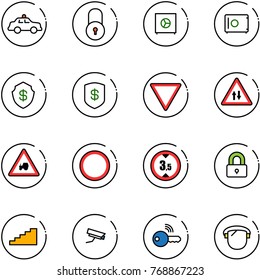 line vector icon set - safety car vector, lock, safe, giving way road sign, oncoming traffic, tractor, prohibition, limited height, locked, stairs, surveillance camera, wireless key, protect glass