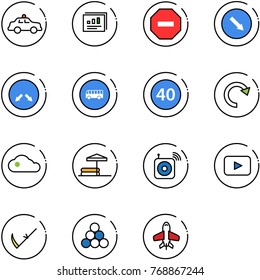 line vector icon set - safety car vector, statistics report, no way road sign, detour, bus, minimal speed limit, redo, cloud, inflatable pool, wireless speaker, playback, scythe, billiards balls