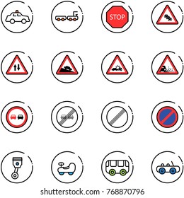 line vector icon set - safety car vector, baggage truck, stop road sign, multi lane traffic, oncoming, steep descent, crash, gravel, no overtake, end limit, parking, piston, baby, toy bus