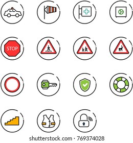 line vector icon set - safety car vector, side wind, first aid room, safe, stop road sign, pedestrian, children, wild animals, prohibition, key, shield check, lifebuoy, stairs, life vest