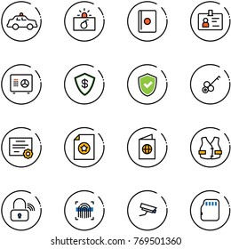 line vector icon set - safety car vector, terrorism, passport, identity, safe, shield check, key, certificate, life vest, wireless lock, fingerprint scanner, surveillance camera, micro flash card
