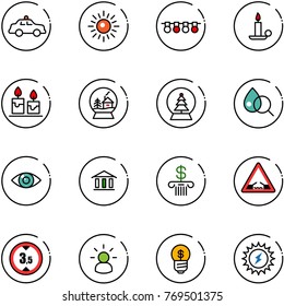 line vector icon set - safety car vector, sun, garland, candle, snowball house, tree, blood test, eye, bank, drawbridge road sign, limited height, idea, business, power