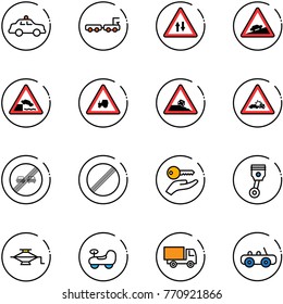 line vector icon set - safety car vector, baggage truck, oncoming traffic road sign, climb, embankment, tractor way, steep roadside, crash, end overtake limit, no, key hand, piston, jack, baby, toy