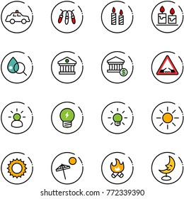 line vector icon set - safety car vector, garland, candle, blood test, bank, account, drawbridge road sign, idea, bulb, sun, beach, fire, moon lamp