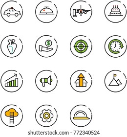 line vector icon set - safety car vector, client bell, boarding passengers, cake, heart, investment, target, clock around, growth, megaphone, arrows up, mountain, cloud ladder, gear