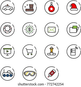 line vector icon set - safety car vector, airport building, christmas ball, hat, wreath, dollar sun, mail, folder, presentation board, cart, winner, server wireless, moon rover, protective glasses