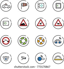line vector icon set - safety car vector, side wind, first aid room, safe, steep descent road sign, wild animals, cow, limited distance, lifebuoy, wireless, surveillance camera, key