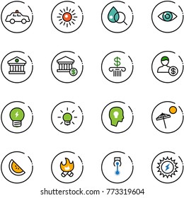 line vector icon set - safety car vector, sun, blood test, eye, bank, account, idea, bulb, head, beach, watermelone, fire, laser, power