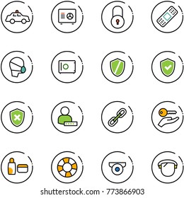 line vector icon set - safety car vector, safe, lock, medical patch, mask, shield, check, cross, user password, link, key hand, uv cream, lifebuoy, surveillance camera, protect glass