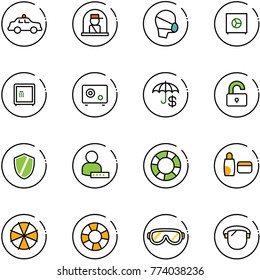 line vector icon set - safety car vector, officer window, medical mask, safe, insurance, unlocked, shield, user password, lifebuoy, uv cream, parasol, protective glasses, protect glass