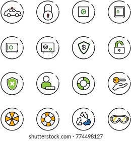 line vector icon set - safety car vector, lock, safe, unlocked, shield cross, user password, lifebuoy, key hand, parasol, recycling, protective glasses