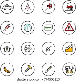 line vector icon set - safety car vector, christmas tree, lollipop, house, firework rocket, basketball ball, credit card, Road narrows sign, home, gear, key, growth, banana, screw, drill, toy cat
