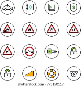 line vector icon set - safety car vector, first aid room, safe, embankment road sign, tractor way, slippery, children, wild animals, limited distance, key, locked, unlocked, stairs, lifebuoy