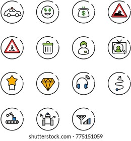 line vector icon set - safety car vector, dollar smile, purse, steep roadside road sign, pedestrian, trash bin, manager, tv news, star medal, diamond, wireless headphones, trip, conveyor, robot