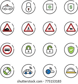 line vector icon set - safety car vector, lock, safe, steep descent road sign, pedestrian, wild animals, cow, no bus, locked, unlocked, shield check, lifebuoy, wireless, key, construction helmet