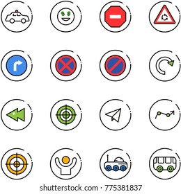 line vector icon set - safety car vector, dollar smile, no way road sign, round motion, only right, stop, parking, redo, fast backward, target, paper fly, chart point arrow, success, moon rover