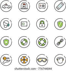 line vector icon set - safety car vector, officer window, safe, medical patch, mask, locked, shield, cross, lifebuoy, link, key hand, parasol, protective glasses, protect glass