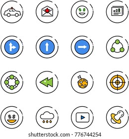 line vector icon set - safety car vector, star letter, dollar smile, statistics report, only forward right road sign, social, friends, fast backward, moon flag, target, money, rain cloud, playback