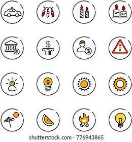 line vector icon set - safety car vector, garland, candle, account, bank, traffic light road sign, idea, business, sun, beach, watermelone, fire, bulb