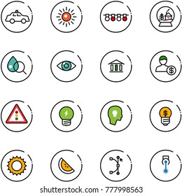 line vector icon set - safety car vector, sun, garland, snowball house, blood test, eye, bank, account, traffic light road sign, idea, head bulb, business, watermelone, bezier, laser